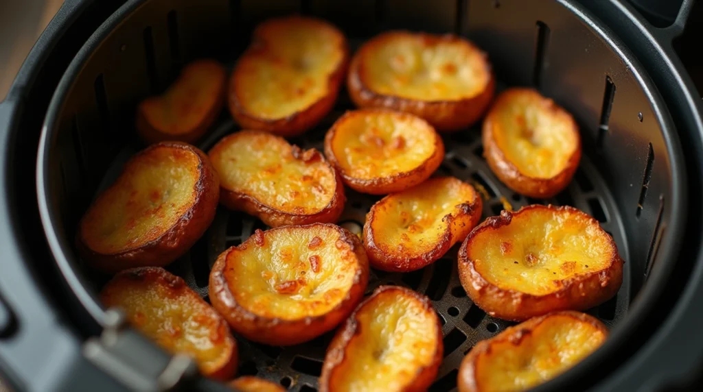 Air fryer basket with perfectly crispy potato skins cooking inside, ready to be filled with cottage cheese