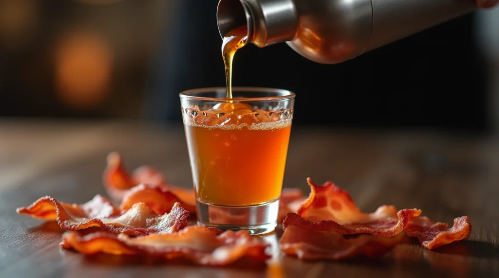 Bacon-infused breakfast shot being poured into a shot glass with maple syrup and bacon strips