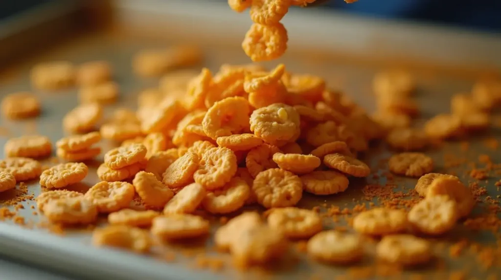 Close-up of sweet and salty Chex mix baking on a tray