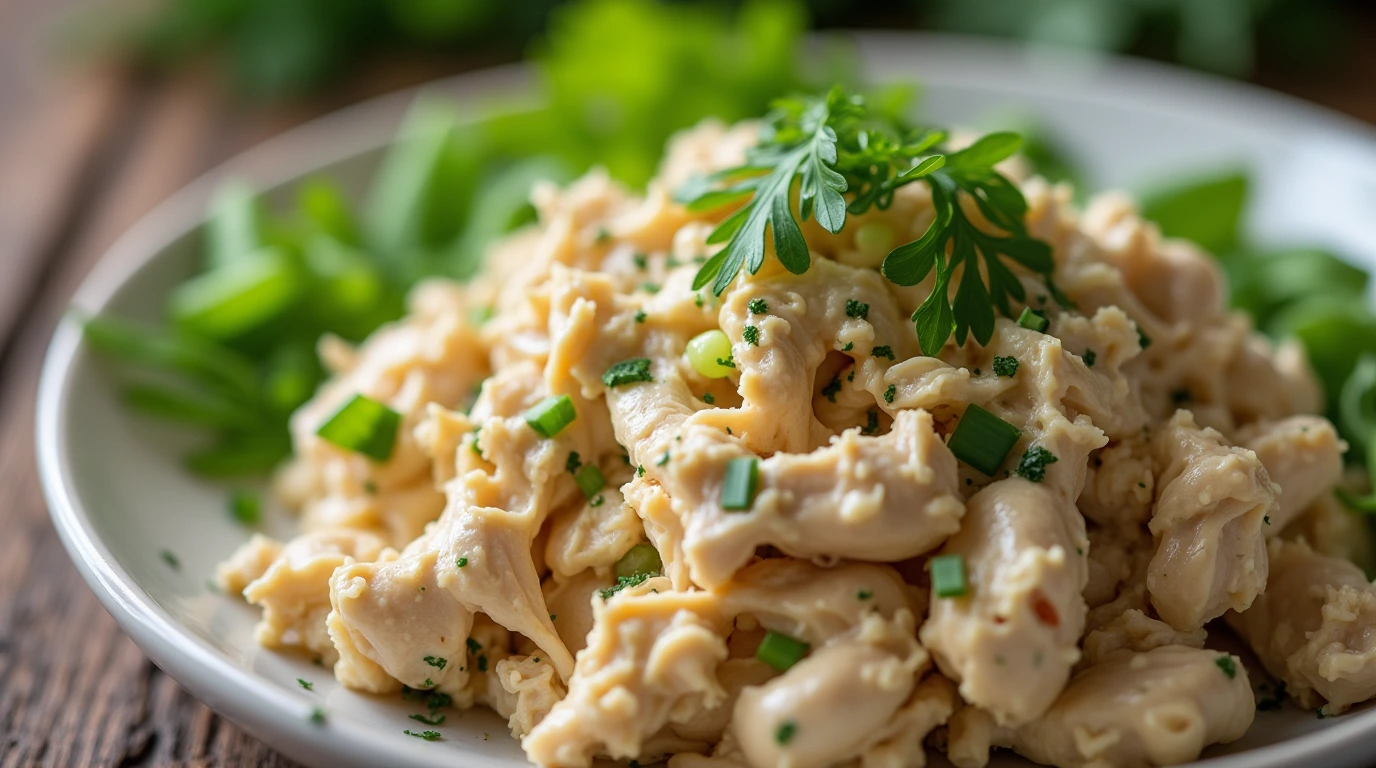 A creamy and delicious chicken salad served in a bowl