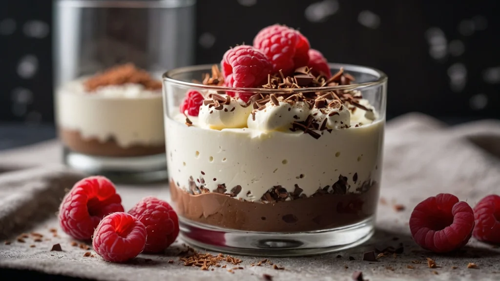 A close-up of creamy chocolate protein mousse with cottage cheese