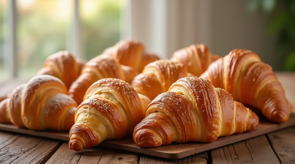 Golden croissants and fruit-filled Danish pastries on a plate