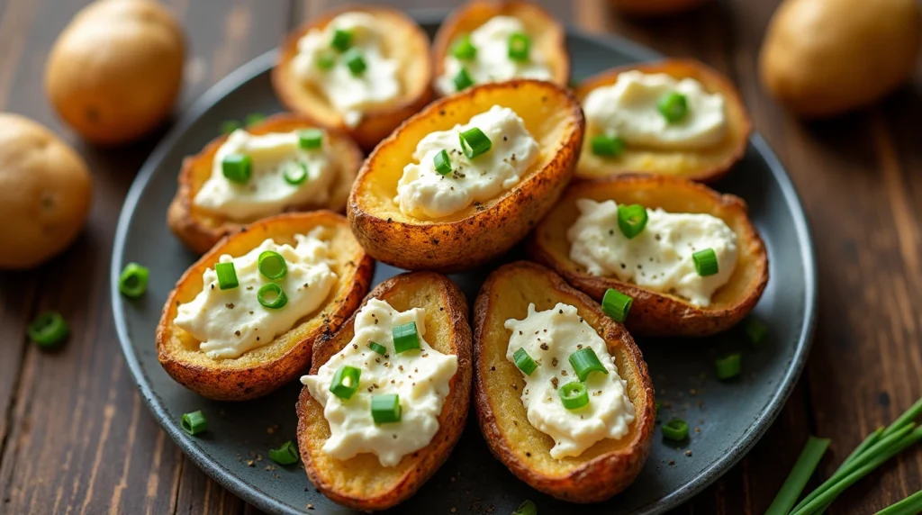 Golden-brown air fryer baked potato skins filled with creamy cottage cheese, garnished with fresh herbs