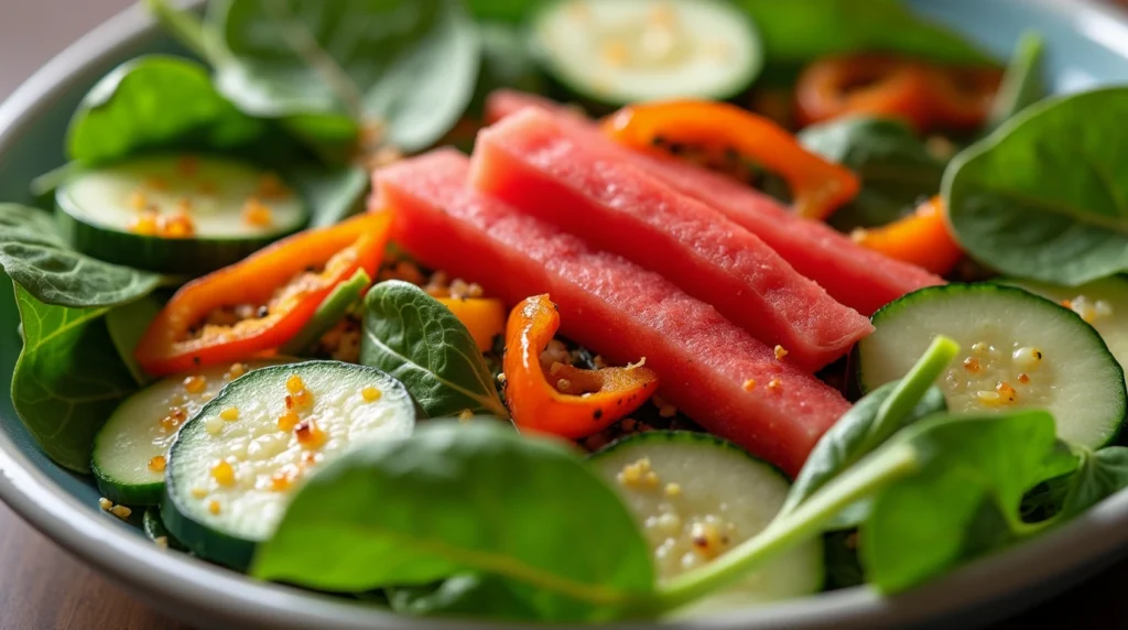 Fresh ingredients for a Pokémon Sleep-inspired salad, including spinach, cucumber, watermelon, and roasted peppers