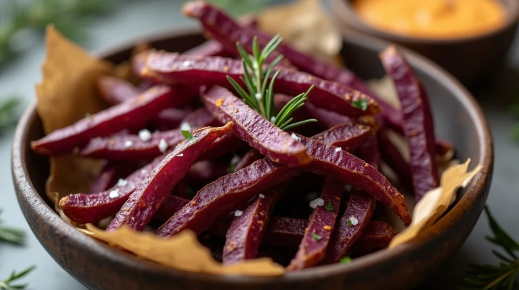 Crispy roasted purple sweet potato wedges with rosemary and sea salt.