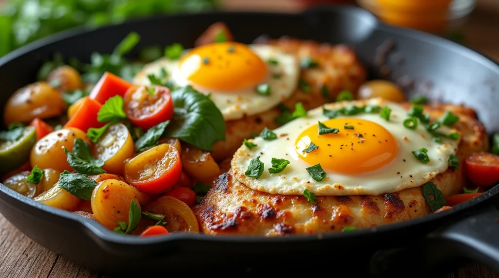 A delicious chicken hash with poached eggs, crispy potatoes, and fresh herbs, served in a bowl