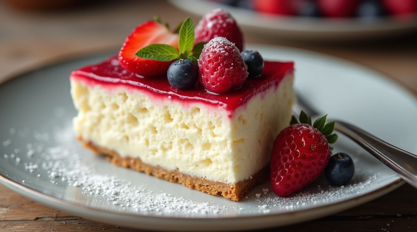 A slice of cottage cheese cake with fresh berries