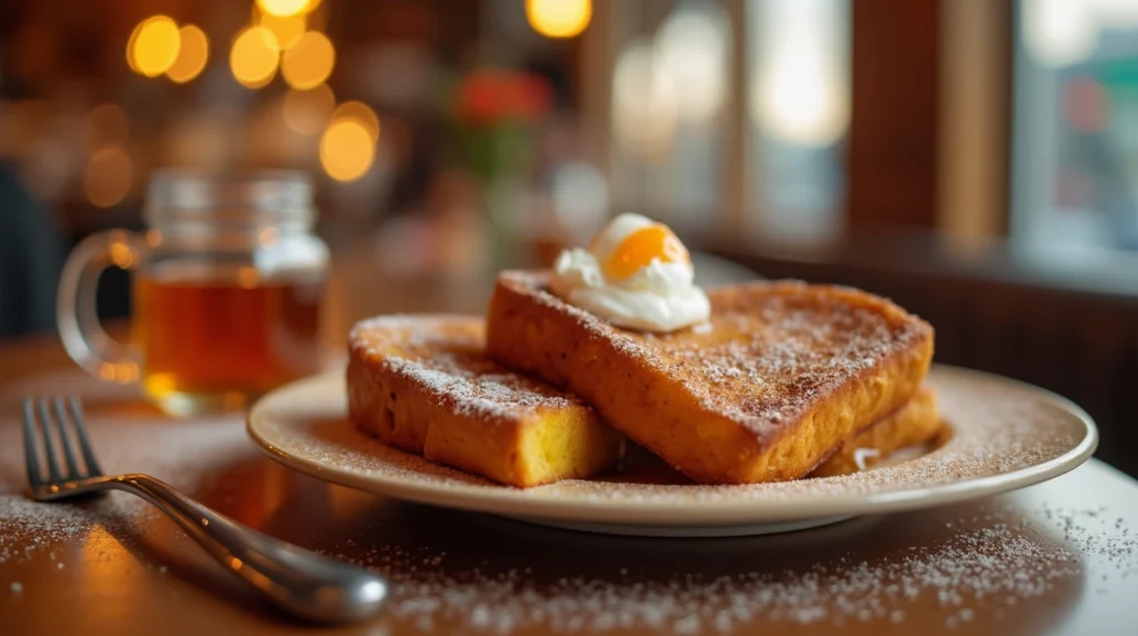 French toast shot with cinnamon sugar rim and a slice of French toast garnish on a bar table