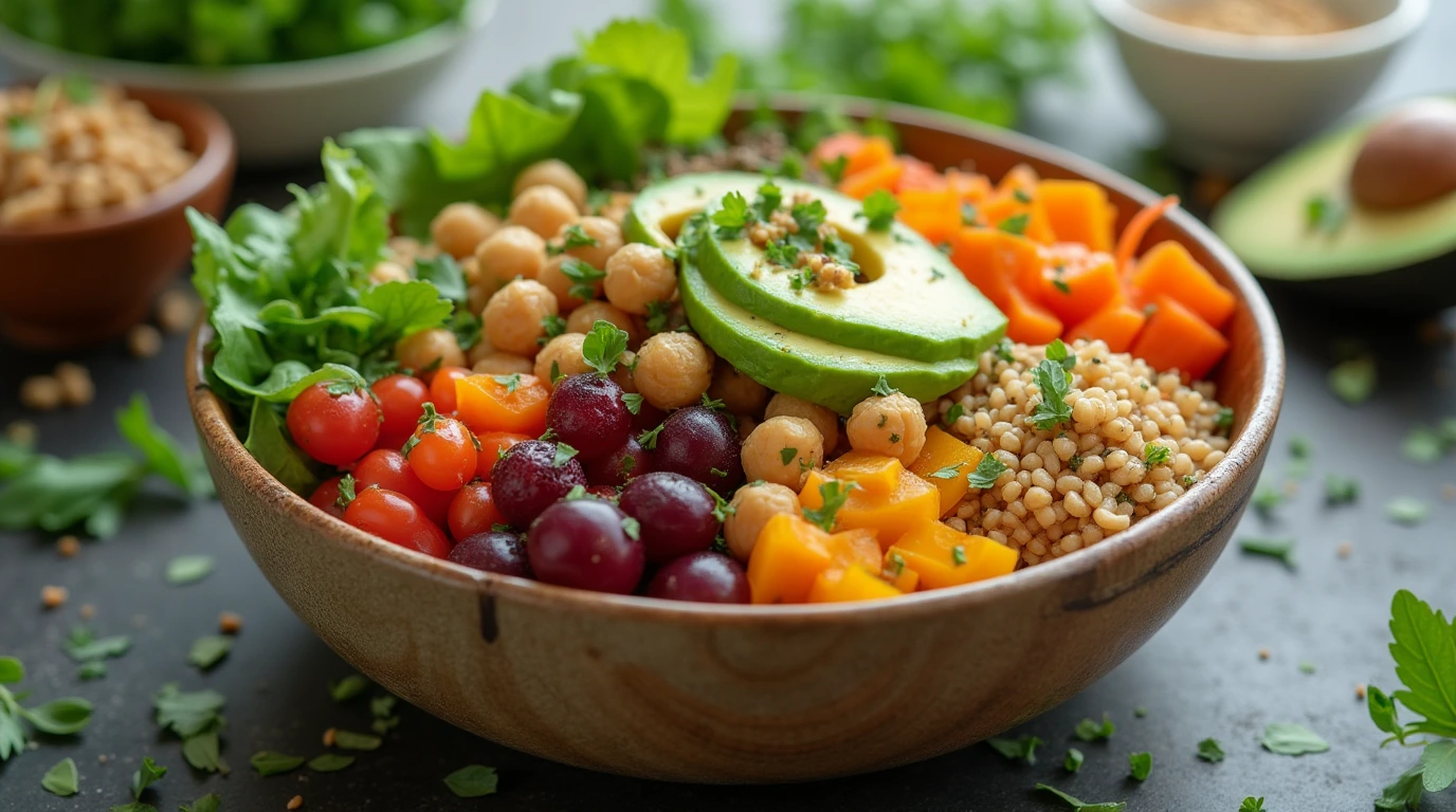 Healthy and colorful vegan lunch bowl with chickpeas, avocado, and tahini dressing