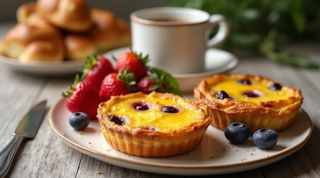 Egg puff pastry tarts served with fruit and coffee for brunch