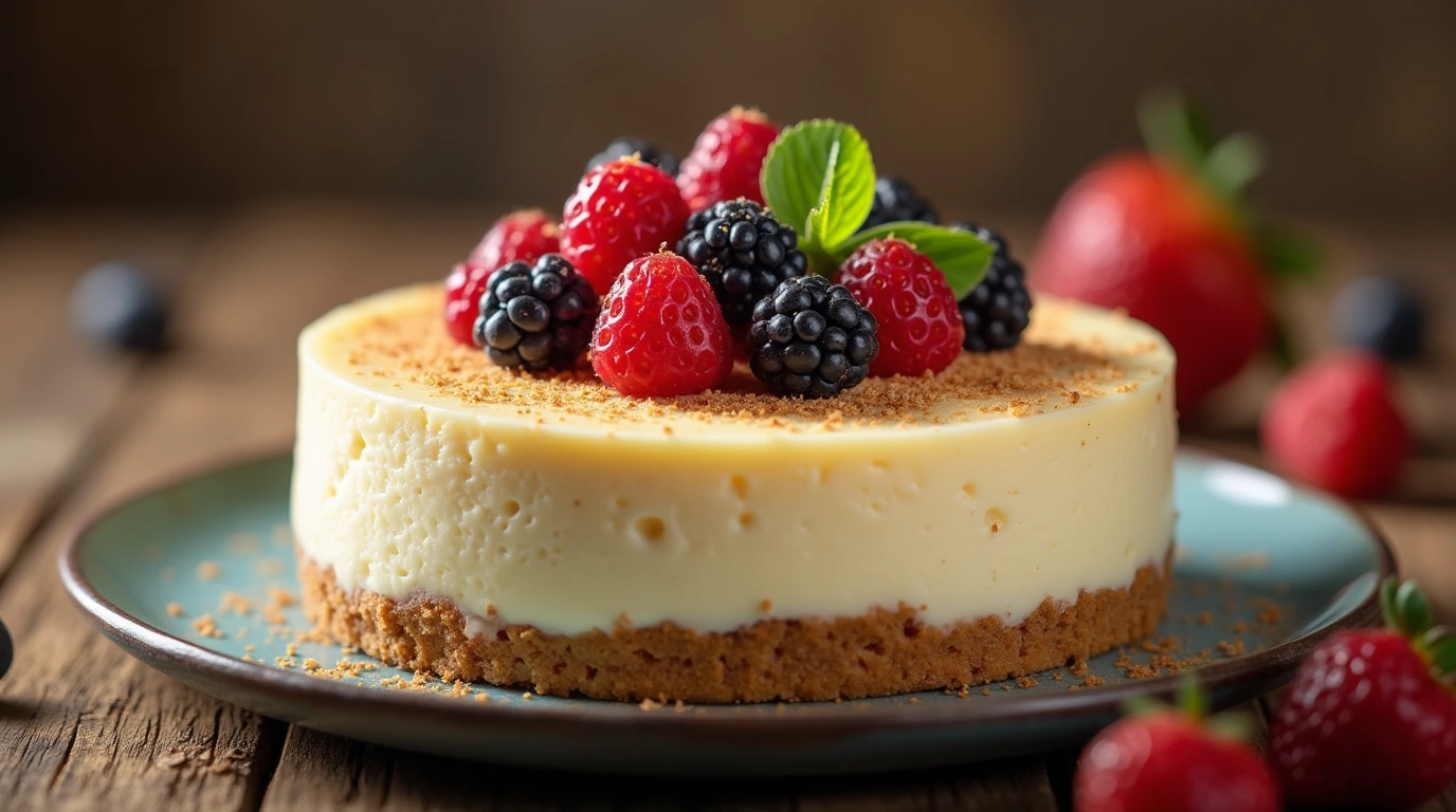 A rich and creamy vanilla cheesecake topped with fresh berries and vanilla bean specks