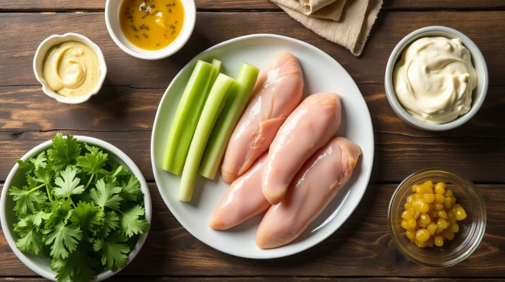 Fresh ingredients for making chicken salad, including chicken breasts, celery, sweet pickle relish, mayonnaise