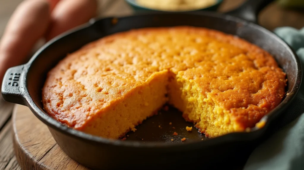 A slice of moist sweet potato cornbread in a rustic skillet with sweet potatoes