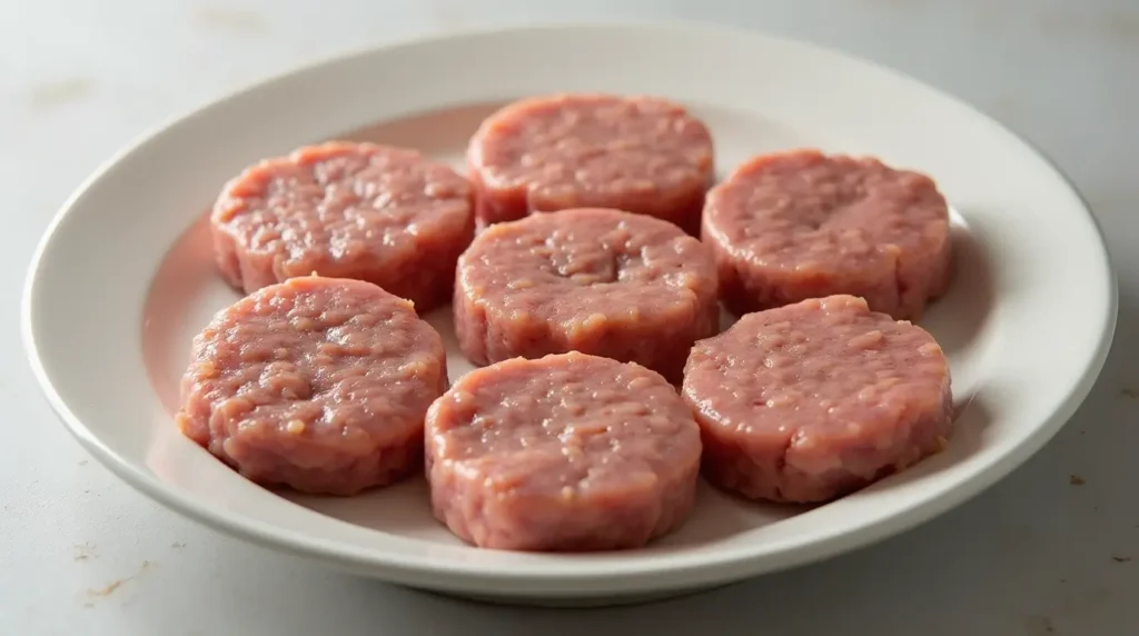 A plate of raw turkey sausage patties seasoned and shaped