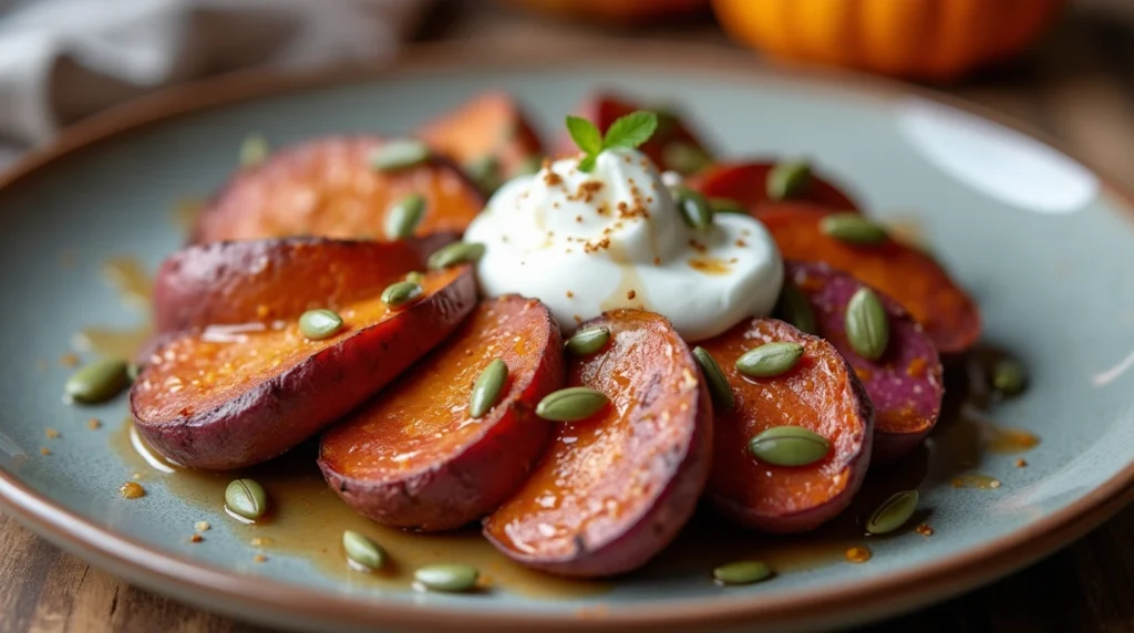 Baked purple sweet potato topped with Greek yogurt, pumpkin seeds, and maple syrup