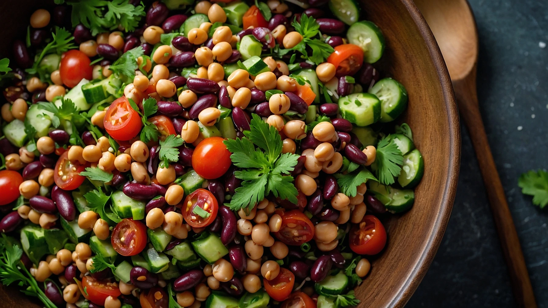 A healthy and vibrant dense bean salad featuring a variety of beans and fresh vegetables