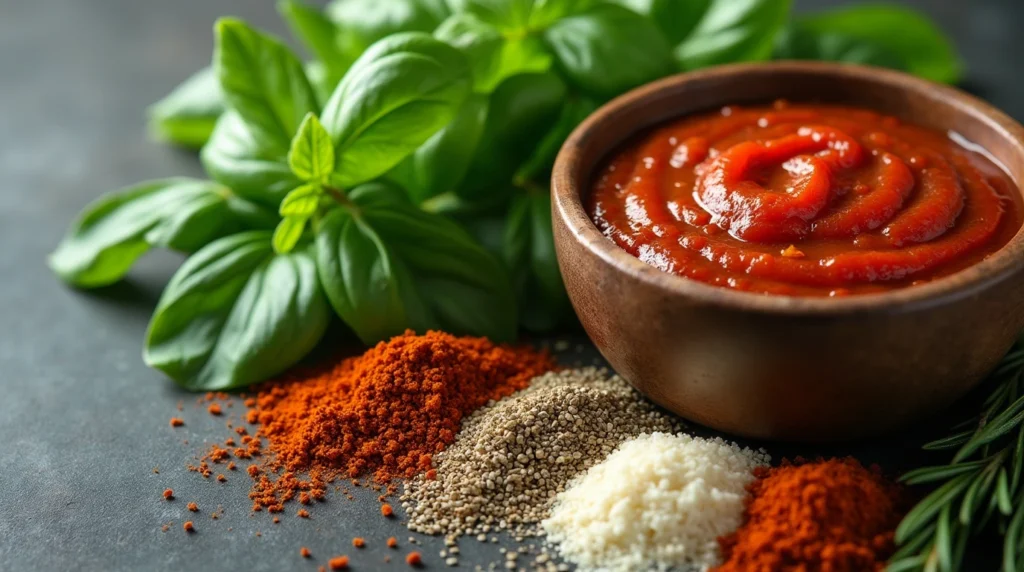 Fresh herbs and spices for making pizza sauce from tomato paste