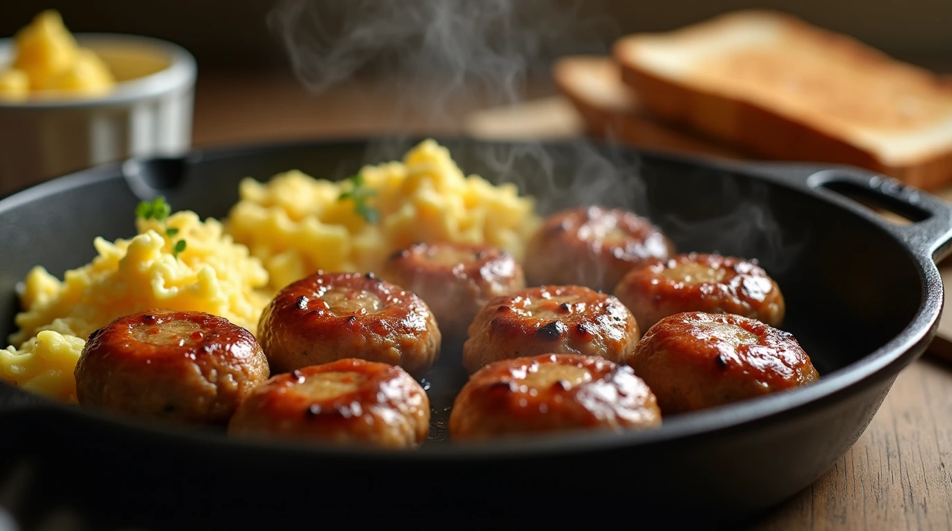 A sizzling homemade beef breakfast sausage patty in a skillet