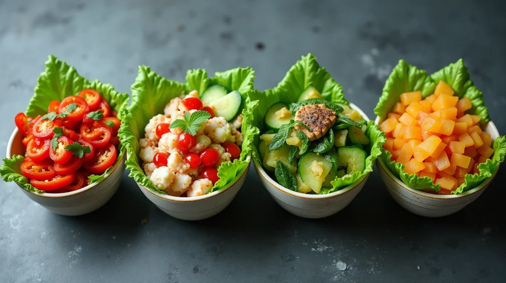 Four different Pokémon-themed salads inspired by Fire, Water, Grass, and Electric types with vibrant ingredients