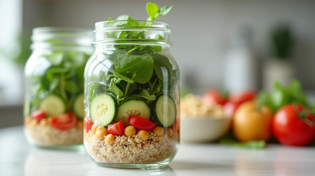 Fresh and easy mason jar salad with quinoa, chickpeas, and vegetables