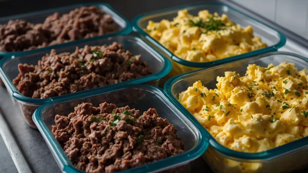 Organized meal prep containers with ground beef and scrambled eggs for quick