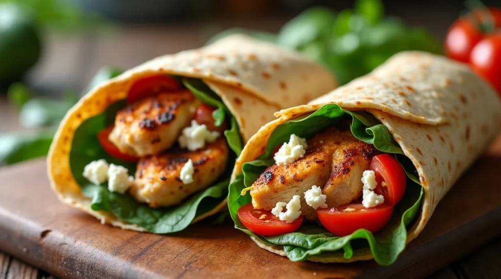 A fresh Mediterranean-style chicken breakfast wrap filled with grilled chicken, spinach, feta, and tomatoes