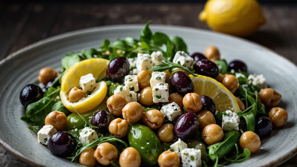 dense bean salad with chickpeas, olives, and feta cheese, drizzled with lemon-herb dressing