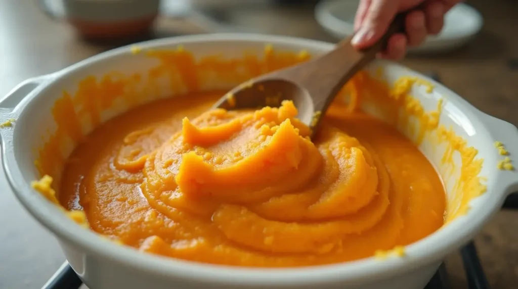 A close-up of mashed sweet potatoes being mixed with Jiffy cornbread mix