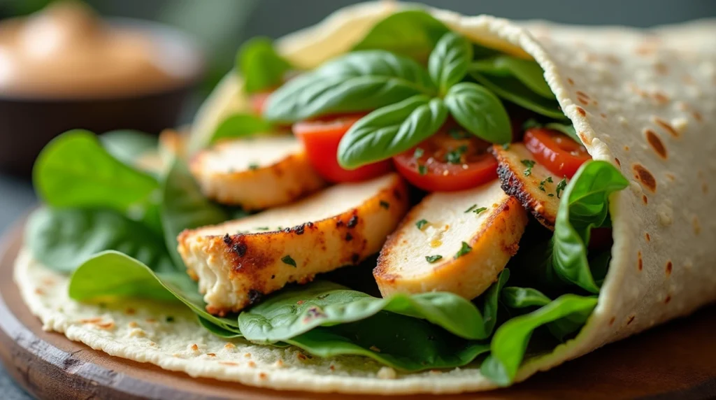 Cottage cheese wrap with grilled chicken, spinach, and herbs