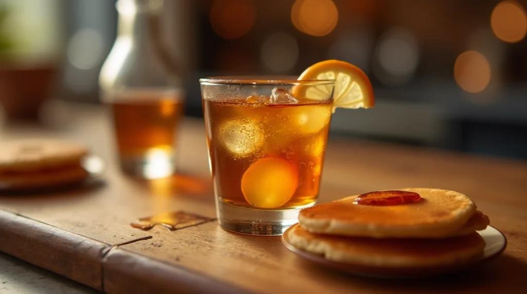 Breakfast shot cocktail , maple syrup, and crispy bacon garnish