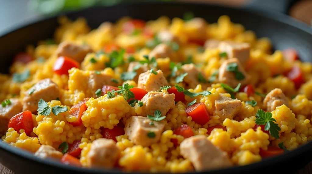 Chicken scramble skillet with eggs and vegetables