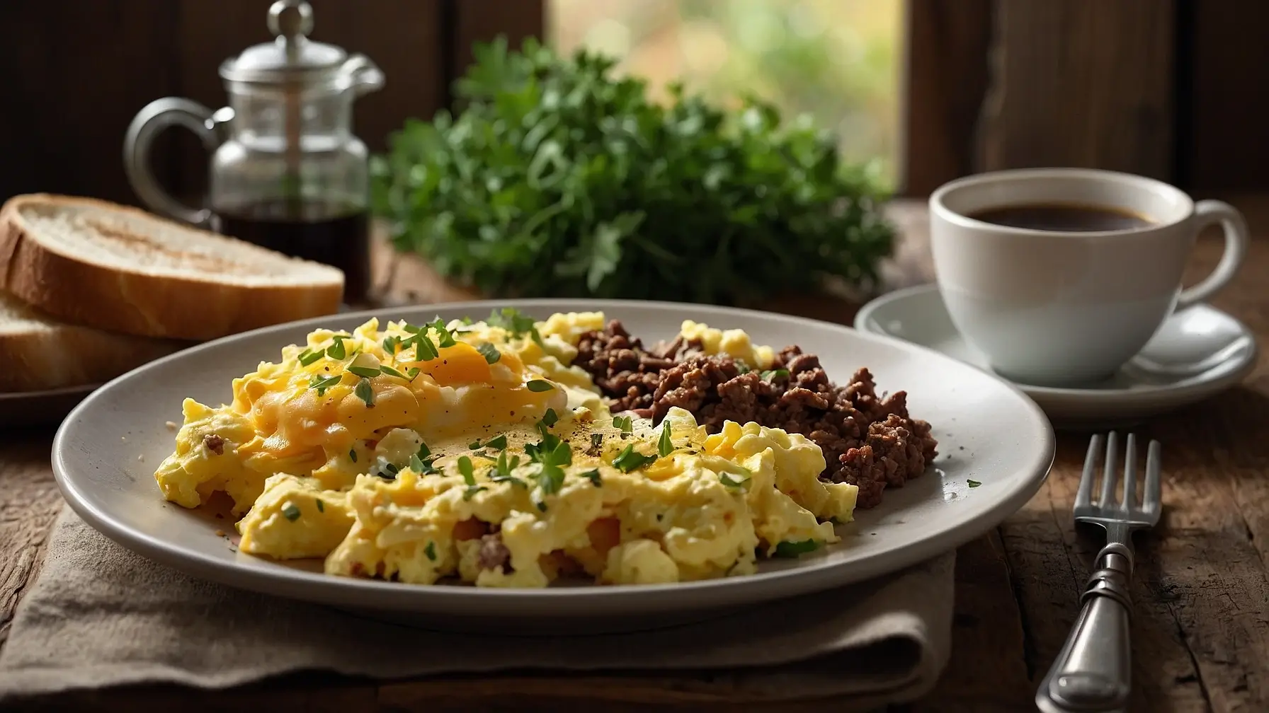 Scrambled eggs with ground beef, cheese, and herbs