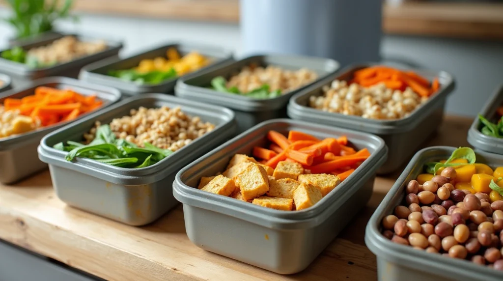 Organized meal prep containers with vegan ingredients like quinoa, tofu, and roasted veggies