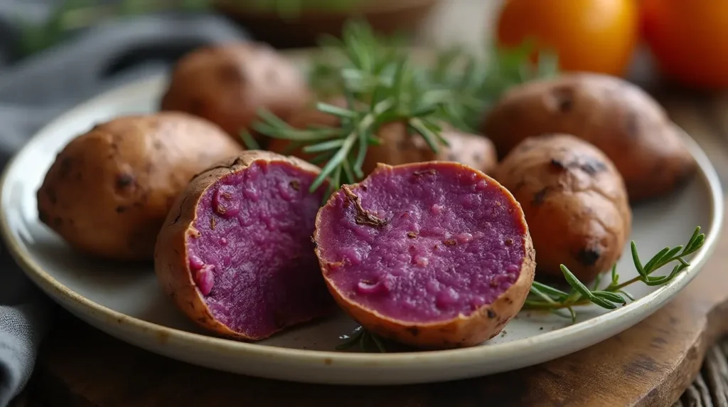 Roasted purple sweet potatoes with caramelized edges