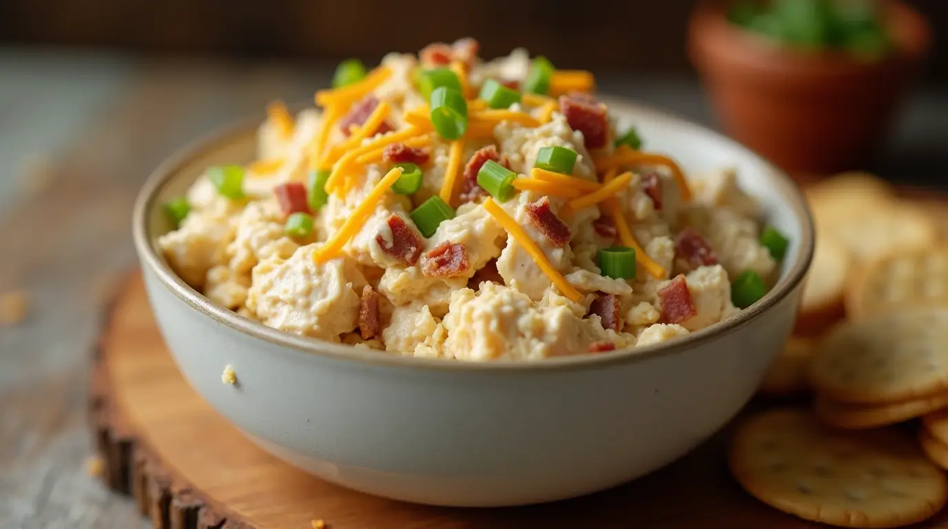 A bowl of creamy Sassy Scotty chicken salad with bacon and cheddar cheese