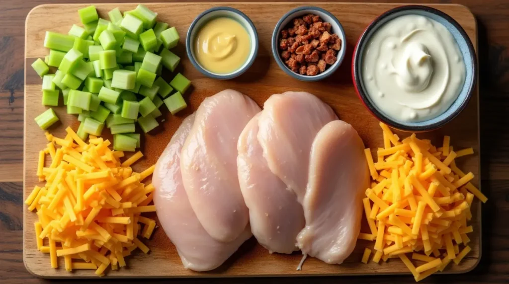 Ingredients for Sassy Scotty chicken salad: chicken, bacon, cheddar, and ranch dressing