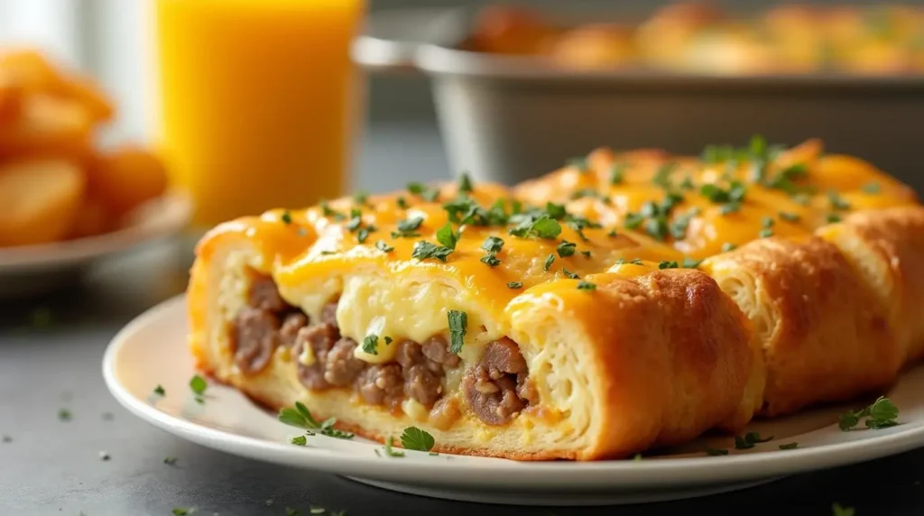 Sausage and egg crescent roll casserole with cheese