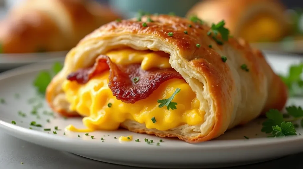 Assorted crescent roll breakfast recipes including sweet and savory options served with coffee