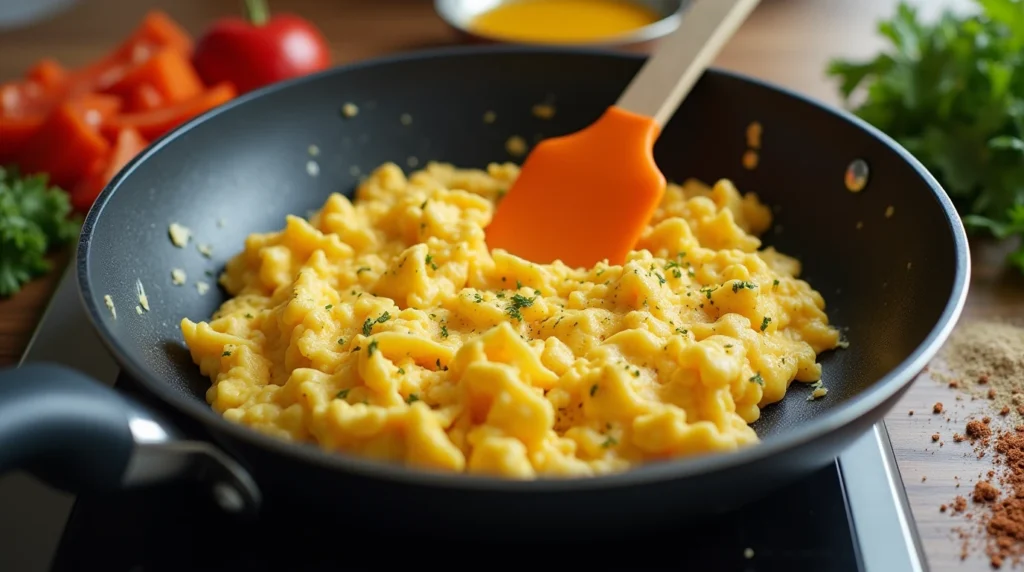 Fluffy scrambled eggs cooking for chicken breakfast burrito