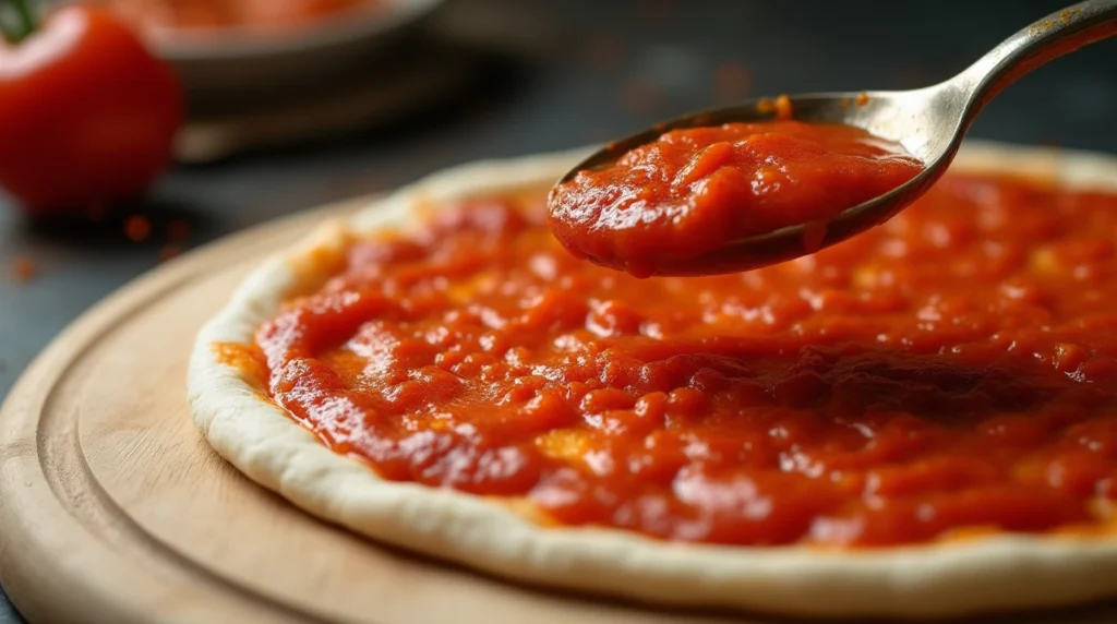 Spreading homemade pizza sauce over pizza dough