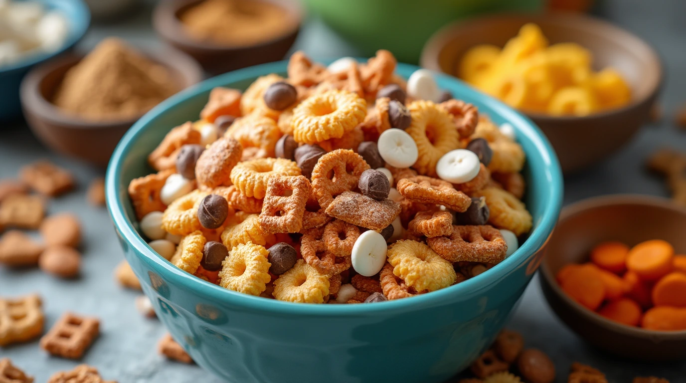 Delicious homemade sweet Chex mix with cereals, pretzels, and chocolate chips