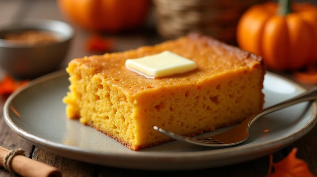 A slice of sweet potato cornbread topped with butter