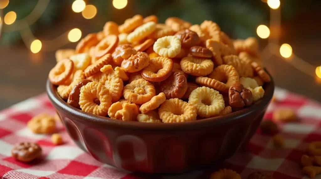 A bowl of sweet and salty Chex mix with pretzels