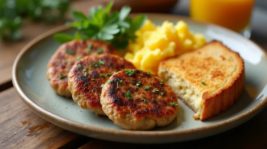 A close-up of homemade turkey sausage patties garnished with fresh herbs