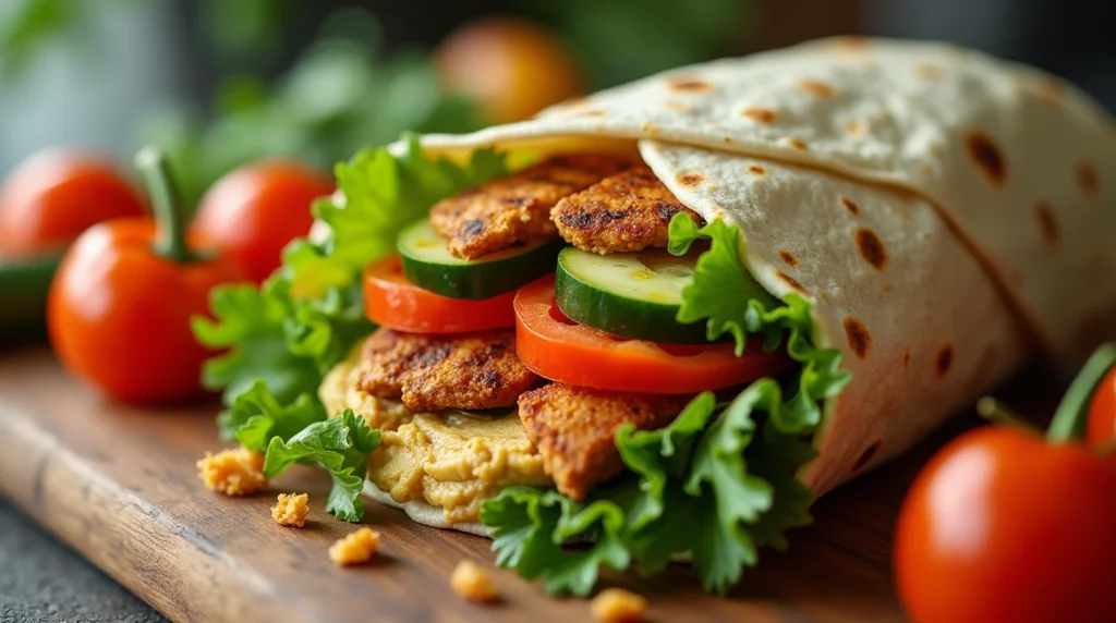 Close-up of a vegan sandwich wrap with hummus, fresh veggies, and grilled tempeh