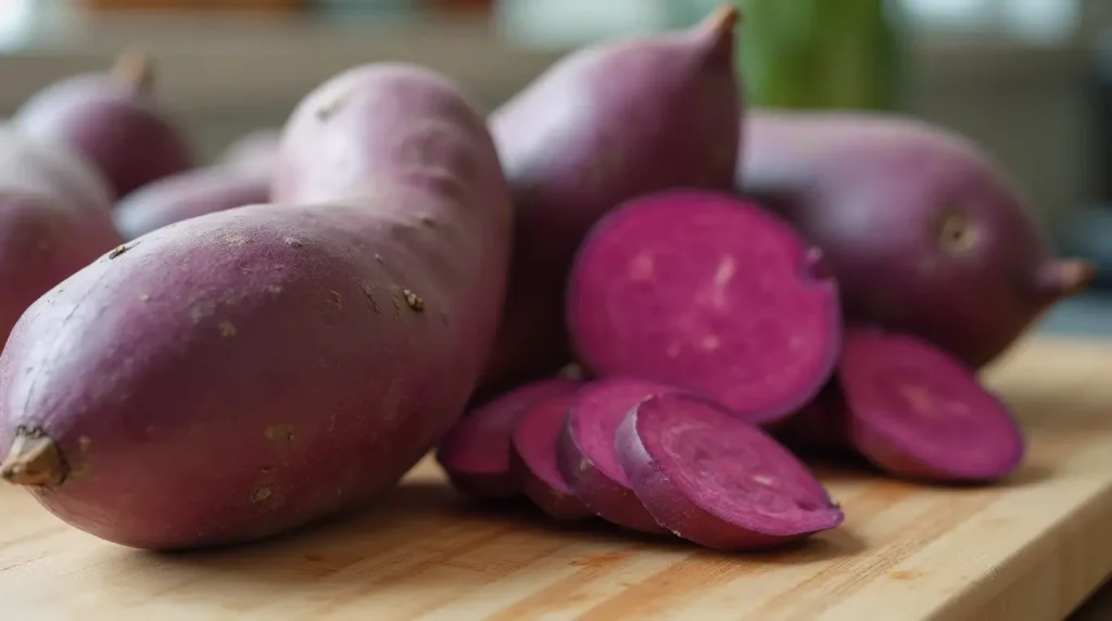 Purple sweet potatoes with a rich purple color