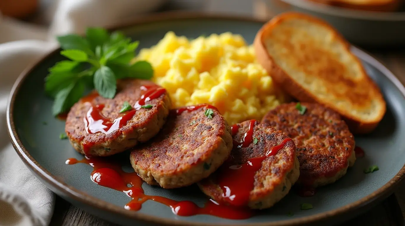 A sizzling skillet with beef pan sausage patties cooking