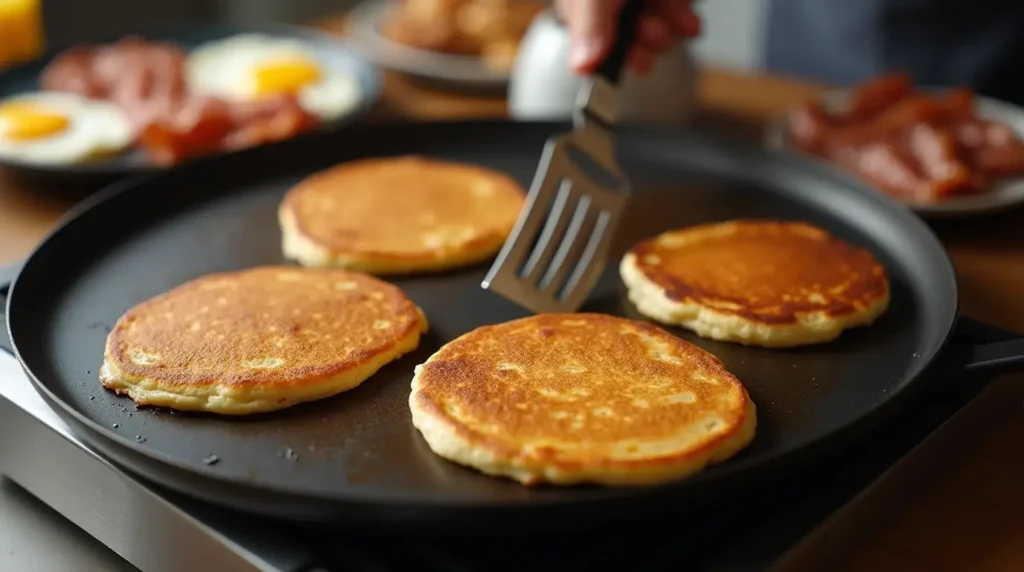 A Blackstone griddle with pancakes cooking on it,