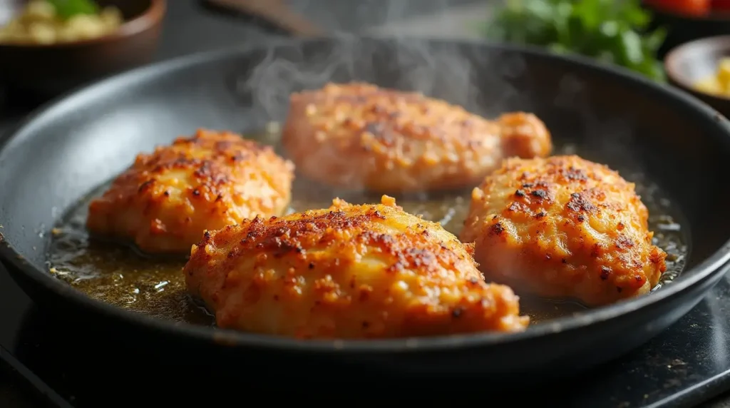 Chicken pieces being fried in a skillet,