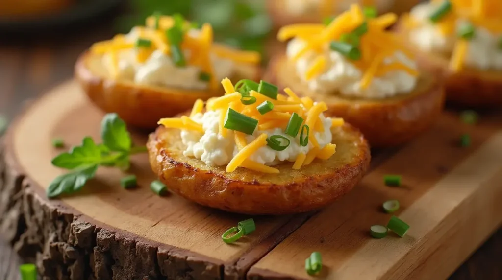 Air fryer potato skins filled with cottage cheese, garnished with chives and cheddar cheese